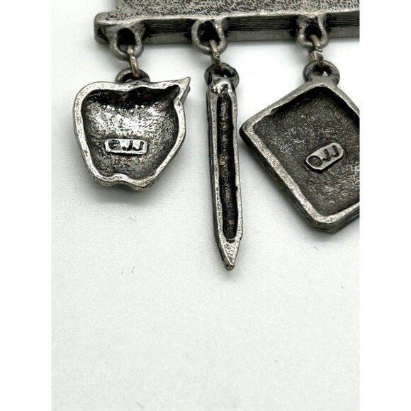 Vintage JJ Teacher Brooch Pewter Math Pin Chalkboard Calculator Charms 2.5 inch - Picture 5 of 7